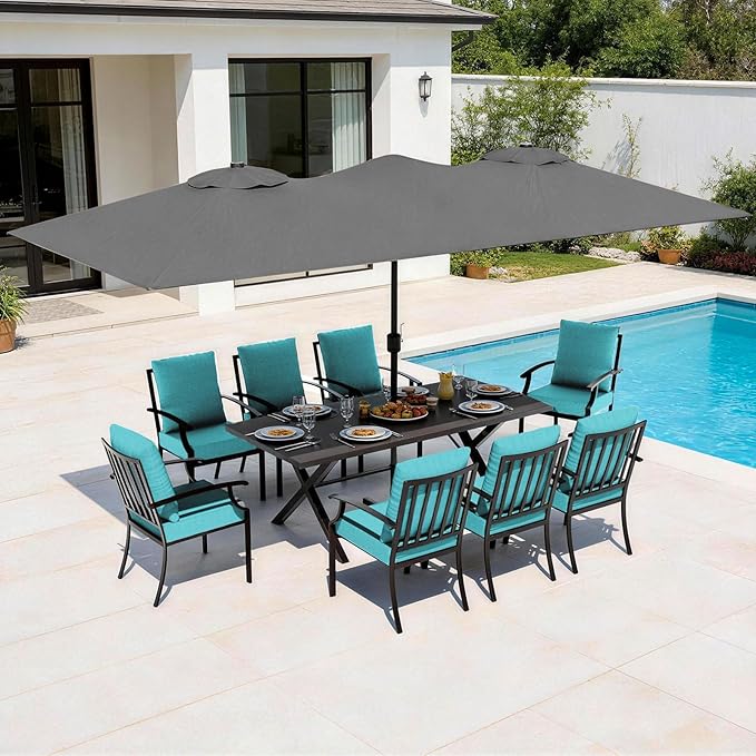 10 Pieces Patio Dining Set,Metal Outdoor Furniture Set Includes 13.6FT Grey Umbrella,Hole Cut-Out 78.7" x 35.4" Table and 8 Metal Backrest Chairs for Backyard,Garden,Blue