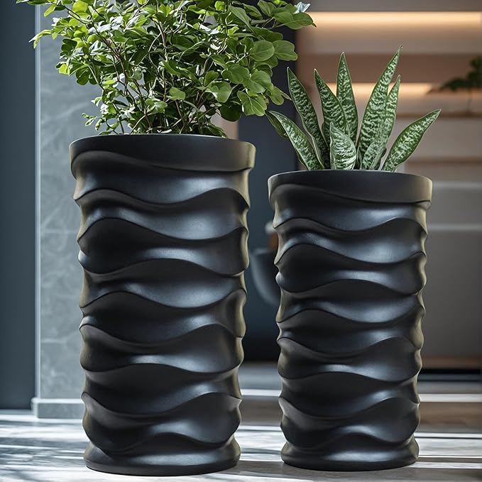 BEYOUDO Tall Planter Outdoor Indoor, 2 Pack Extra Large Plant Pots 20" 18" H Tall Large Tree Planter-Modern Matte Wavy Flower Pot for Indoor Outdoor Proch Decor (Black)