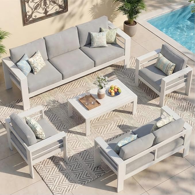 Wisteria Lane Aluminum Patio Furniture Set for All Weather, Oversized Metal Outdoor Furniture Set with 27.5" Deep Seat and 10" Back Cushion, Patio Conversation Sets with Wide armrest, White
