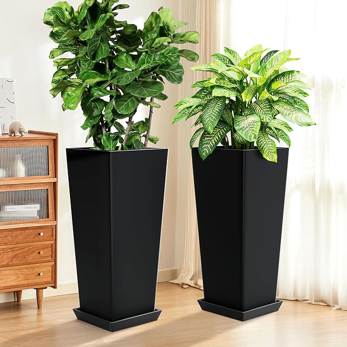 TUYOHW Set of 2 Large Tall Planter for Indoor or Outdoor 24" Flower Pots Tapered Tall Planters with Tray for Porch, Patio, Backyard, Large Planters for Outdoor Indoor Plants(Black)