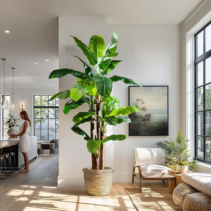 Artificial Banana Tree 9ft, Faux Tropical Palm Tree Plant with Realistic Leaves, Low Maintenance Indoor Outdoor Decor for Home Office Porch, in Nursery Pot