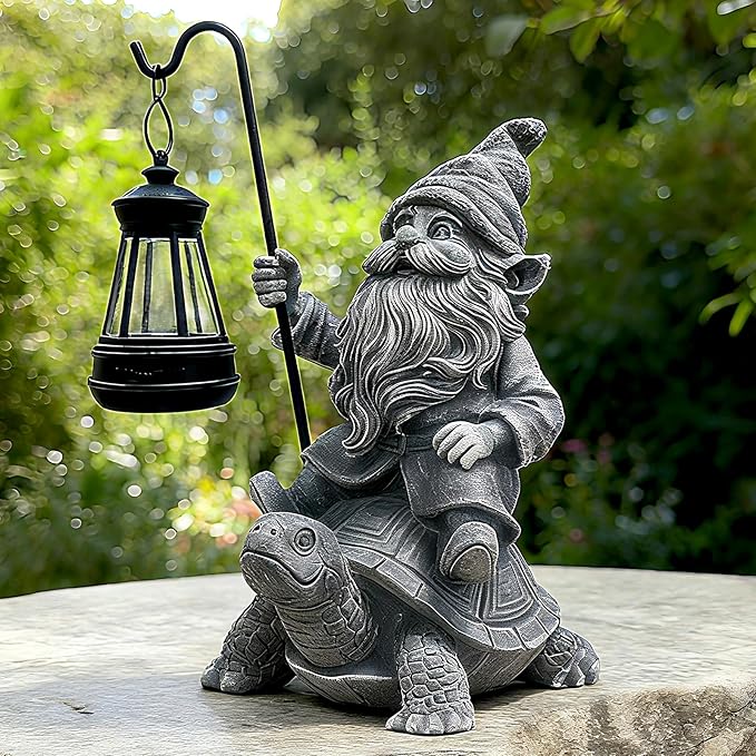 Bezseili Garden Gnome Statue Riding Turtle - Garden Gnomes Decorations with Solar LED Lights, 7.9" Outdoor Resin Figurine Ornament for Patio, Yard, Funny Lawn Decor (Gray)