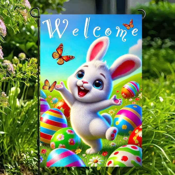 Happy Easter Garden Flag 12x18 Inch Double Sided Welcome Bunny Easter Egg Design Small Outdoor Yard Flag Cute Spring Easter Banner for Porch Lawn Patio Garden Decor