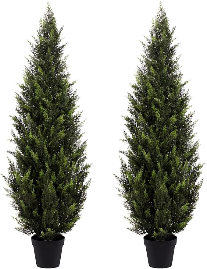 ZEEOZE 5FT Artificial Cedar Topiary Trees (2 Pack) - UV Resistant Faux Evergreen Shrubs Extra Dense Foliage Realistic Fake Pine Cypress Plants Easy Assembly for Front Porch Garden Indoor Office Decor