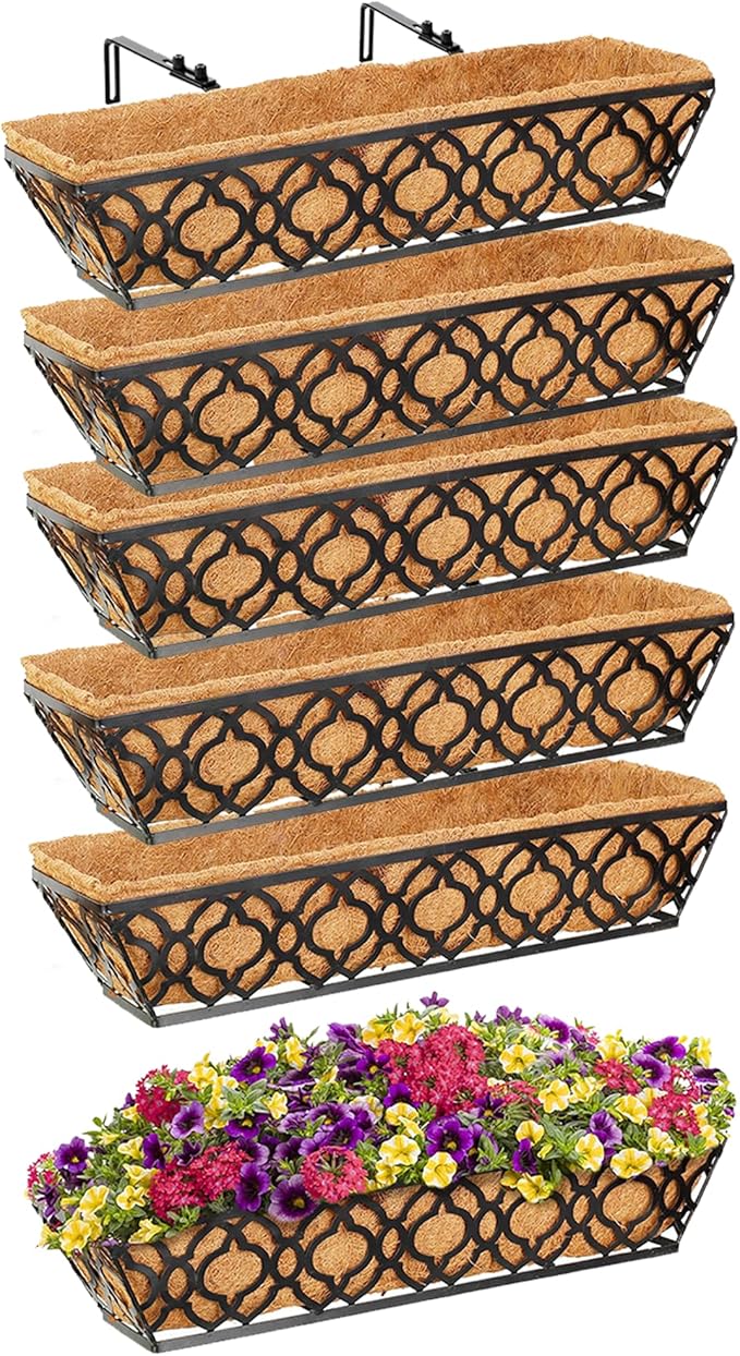 Y&M 24 Inch Window Deck with Coco Liner, Fence Metal Hanging Flower Planter Window Basket Deck Railing Planter Boxes for Outdoor Garden Lawn,6pcs