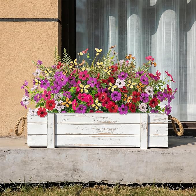 Artificial Fake Flowers for Outdoor Porch Planters Boxes Decoration,12 Bundles Outdoor Faux Fern Plants with Butterfly,UV Resistant Greenery Yard Patio Garden Decor