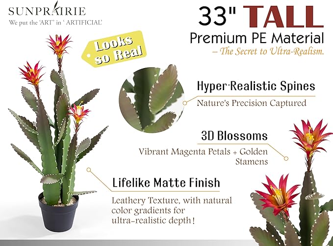 SUNPRAIRIE 33 Inch Large Artificial Cactus with Magenta Flowers in Pot with Natural Gravel. Satin Finish Leaves with Real Look and Feel. Outdoor and Indoor Faux Plants.