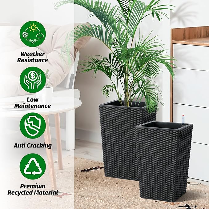GarveeLife 16 Inch Tall Rattan Planter Set of 2, Large Self-Watering Pot with Water Level Monitor Outdoor and Indoor for Patio, Porch, Living Room, or Home Office, Black