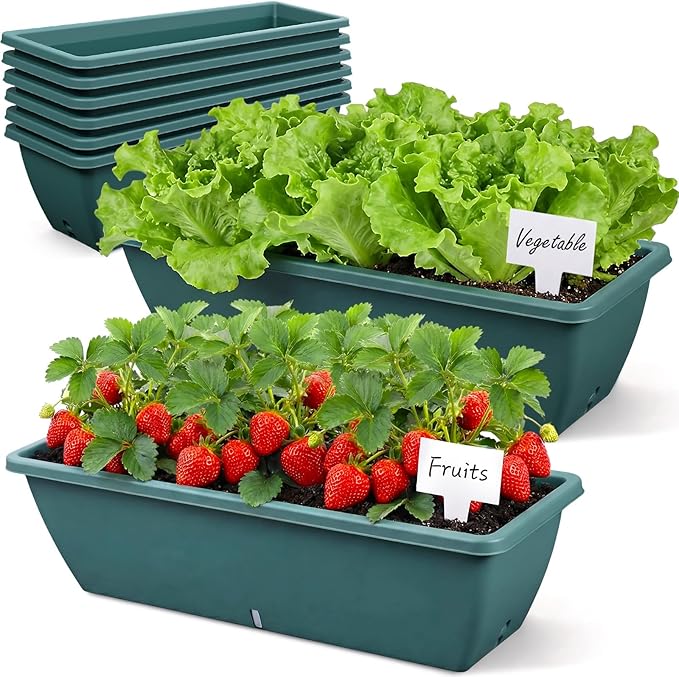 8 Pack 24 Inches Plastic Flower Window Box Planters with Water Absorbing Net Drainage Holes & Visible Water Level Window, Rectangular Vegetable Flower Pots for Indoor Outdoor Garden(Green)