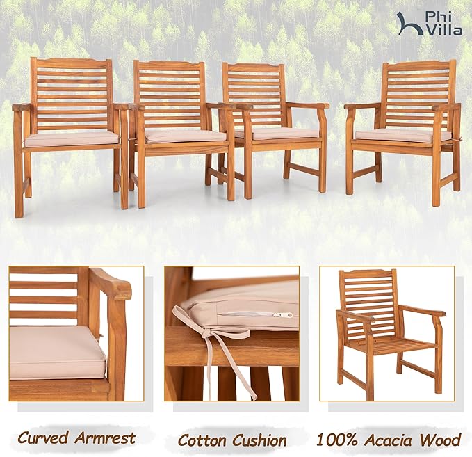 PHI VILLA 4 Pieces Acacia Wood Outdoor Dining Chairs with Cushions, Patio Wooden Armchairs Set of 4, Natural Teak Dining Chairs for Deck, Yard, Porch