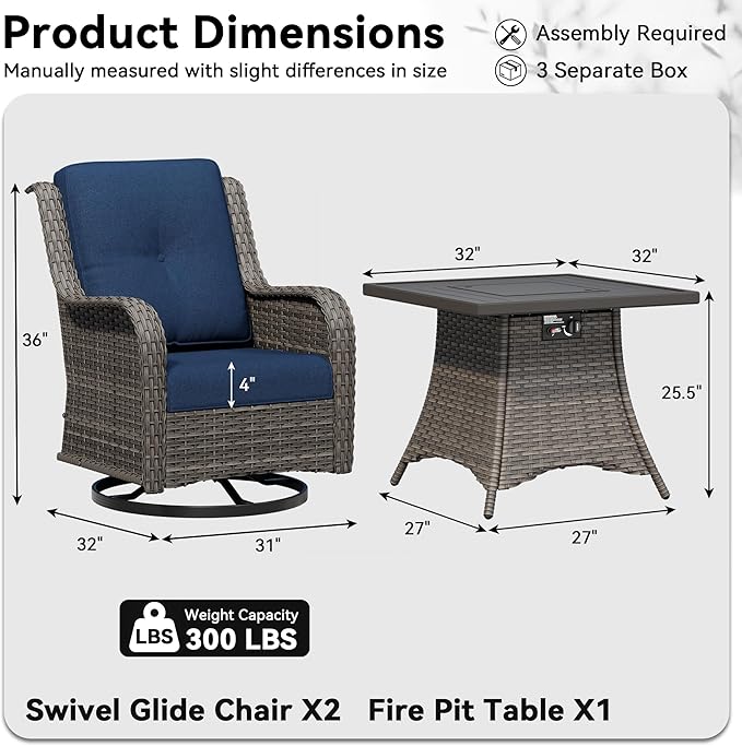 3 Pieces Outdoor Wicker Patio Furniture Set with Fire Pit Table, Swivel Rocker Patio Chairs Set with Thickened Cushions, High Back and Deep Seating, Hand-Woven PE Rattan for Porch, Deck