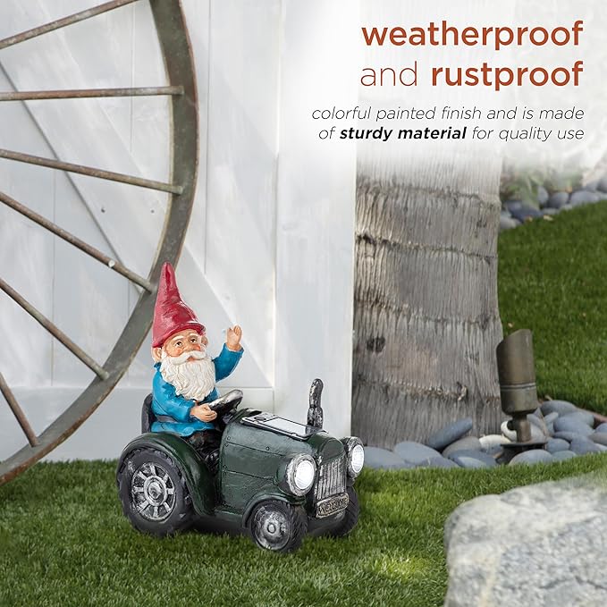 Alpine Corporation WQA1378SLR-GN Outdoor Garden Gnome Riding Green Tractor Solar Yard Statue Decoration with LED Lights, 10"