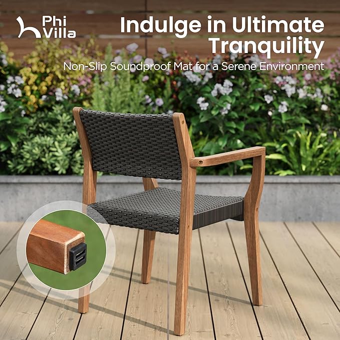 PHI VILLA Outdoor Acacia Wood Chairs Set of 2, Heavy-Duty Dining Armchairs with Wicker Back & Seat, Farmhouse Style Teak Seating Furniture for Patio, Deck, Yard, Balcony, Garden