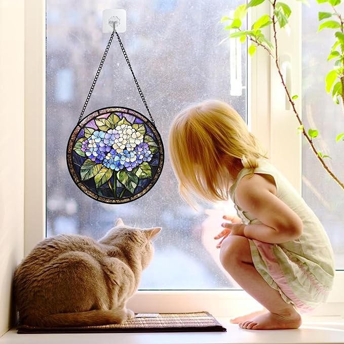 DASTOLL Stained Glass Window Hanging, Hydrangea Flowers Sun Catchers Diamond Glass Panel Hangings Plant Suncatcher Decor for Birthday for Women, Men, Wife, Aunt, and Mom 6.3 in