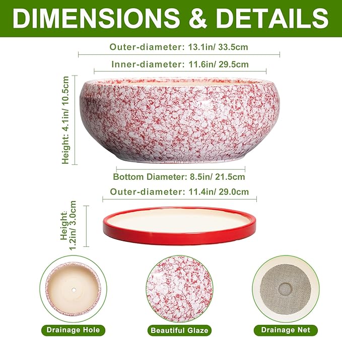 EPFamily Bonsai Tree Pots 13 Inch - Ceramic Bonsai Pots with Drainage Hole and Tray, Large Succulent Planters Indoor, Round Bowl Planter Outdoor, Shallow Planter, Garden Decor, Plant Lover Gifts, Red