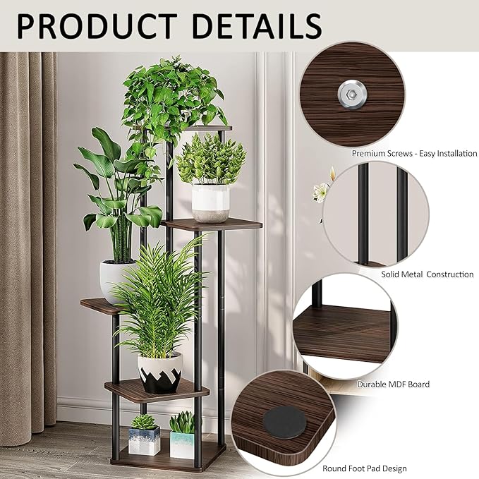 YOCOMEY 5 Tier Wood Tall Plant Stand Metal Rack Indoor, Multiple Flower Pot Holder Shelves Corner Rack, Planter Shelf Display Rack Storage Organizer for Patio Living Room Balcony Garden(Black Oak)