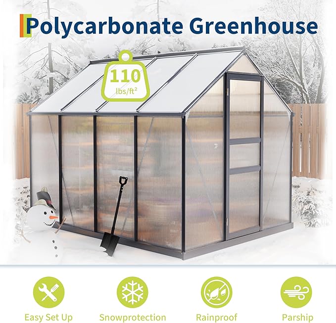 6×8FT Polycarbonate Greenhouse for Outdoors, Large Walk in Green House Kit and Winter Garden Planting, Enhanced Aluminum Green Houses for Outside to Protect Vegetables or Plants