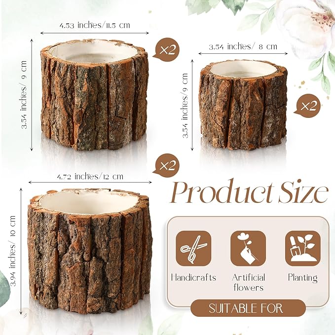 6 Pcs Wooden Vase for Centerpieces Woodland Table Decor Wooden Flower Vase Rustic Bark Stump Buckets Vintage Wood Planter Pots for Garden Party Wedding Window Home Farmhouse (L+m+s)
