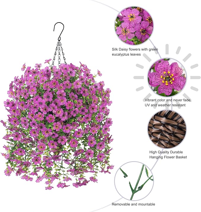 HyeFlora Artificial Hanging Flowers Basket for Outdoor, Fake Flowers Faux Plants Look Real for Yard Gardens Porch Patio Home (Purple)