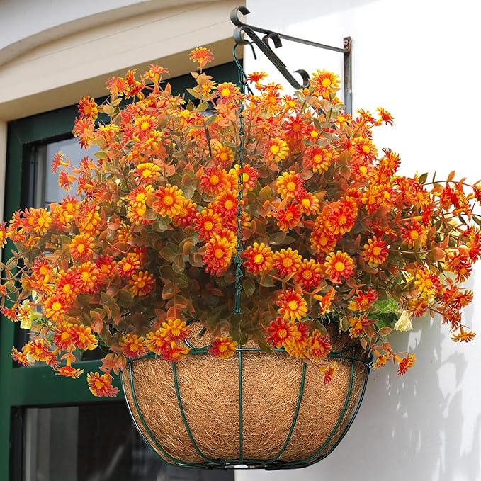 Grunyia 12 Bundles Artificial Fall Flowers for Outdoors Fake Plants - Faux Outside Greenery Boxwood No Fade Plastic Shrubs Decor Farmhouse Home Garden Thanksgiving (Fall Red)