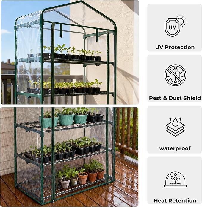 GreensWord Small Greenhouse for Outdoors, Indoor Mini Greenhouse with Plastic Cover, Portable 5 Tier Plant Shelves, Green Houses for Outside Backyard, Winter Plants Warmer, Green, 19″x40″x75″