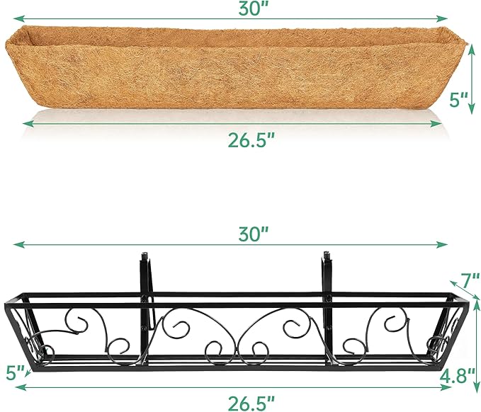 Y&M 30 Inch Window Deck with Coco Liner, Fence Metal Hanging Flower Planter Window Basket Deck Railing Planter Boxes for Outdoor Garden Lawn-Butterfly, 6pcs