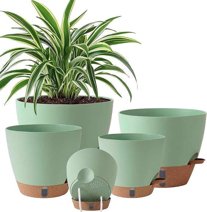 Fielda Self Watering Pots for Inoor Ourdoor Plants 10/9/8/7/6.5 Inch Plastic Planters with Drainage Holes & Water Level Indicator, Decorative House Flower Nursery Planting Pots with Saucers (Green)