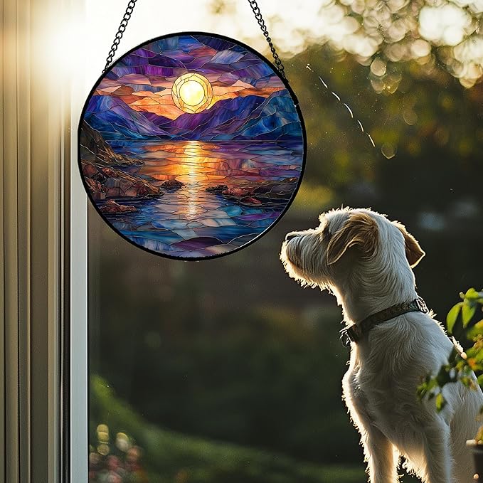 Stained Glass Window Hanging - Blue Purple Lake View Suncatcher for Door Terrace Garden Home Decor Sunset Landscape Sun Catcher Birthday Gifts for Lovers Women Men Dad Mom Nana 15 in