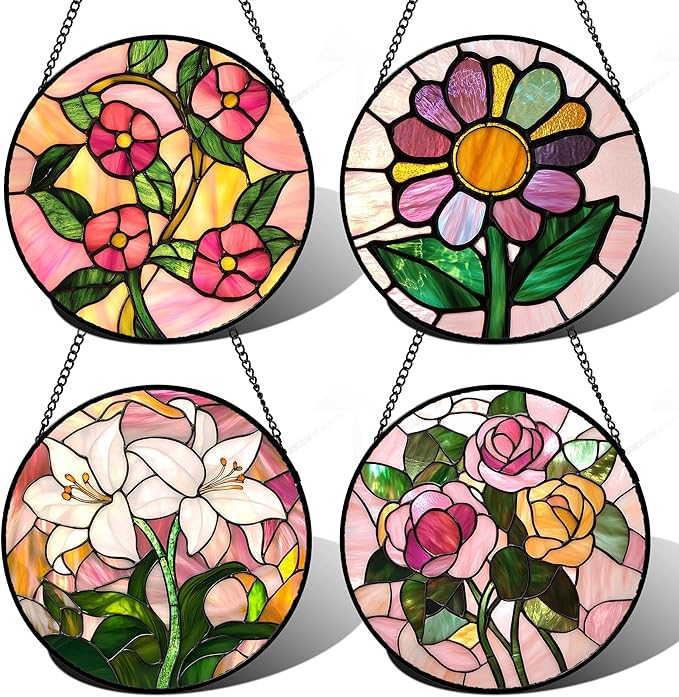 DASTOLL Stained Glass Window Hanging 4 Pcs Set Pink Floral Theme 6.3" - Flowers Suncatcher Door Garden Sun Catcher Decor Birthday Christmas for Mom Woman Nana Men Friend