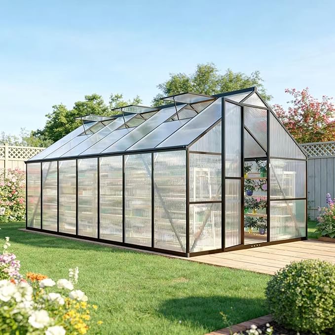 8x12 FT Greenhouses for Outdoors, Polycarbonate Greenhouse with PC Panels, Greenhouses for Outdoors for Yard, Garden, Hobby, Charcoal Black