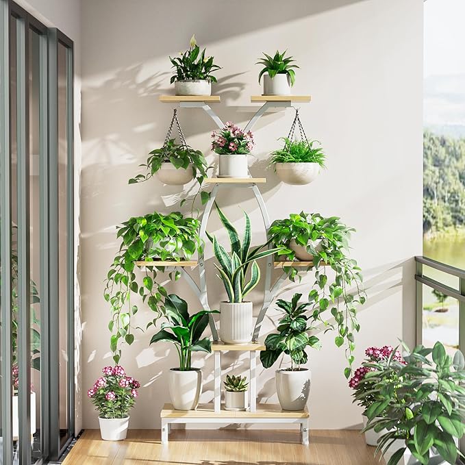 VOZZYOTO Plant Stand Indoor with Grow Lights - 7 Tiered Metal Corner Shelf for Multiple Plants, 63" Corner Plant Stand for Indoor Plants, X-Shaped Plant Rack for Home, Living Room, Office & Patio Decor