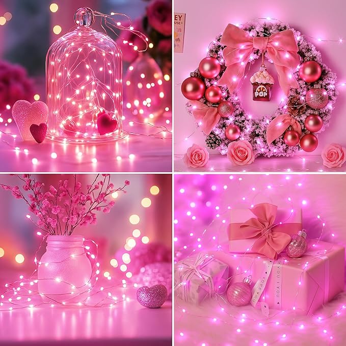20 Pack Fairy Lights Battery Operated - 7ft 20 Led Twinkle Lights 3 Modes, Bulk Mini String Lights Waterproof for Mason Jars Vases DIY Party Wedding Decoration Christmas - Pink