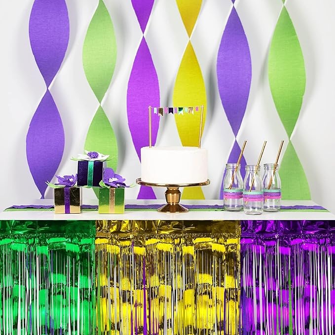 ADXCO 2 Pack Mardi Gras Table Skirts Party Decorations Metallic Foil Fringe Disposable Tinsel Table Skirt Gold Green Purple Banner Garland, 29 x 106 Inches