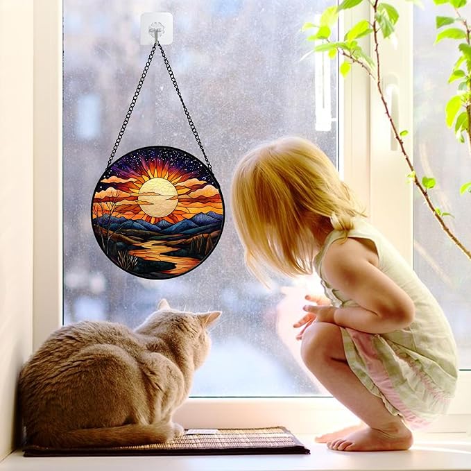 DASTOLL Stained Glass Window Hanging, The Sun Shines Brightly on Lake Sun Catchers Colorful Glass Panel Suncatcher Decor for Birthday for Women, Men, Wife, Lovers, and Mom 6.3 in