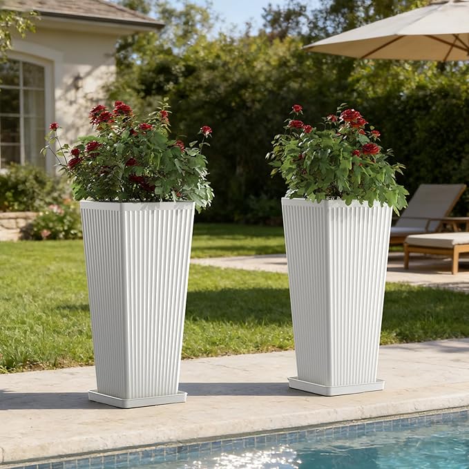 Trygoal Square Tall Planters for Outdoor Plants Set of 2-23.6" Modern Tapered Indoor Flower Pots with Drainage Holes/Partition/Tray, Large Outdoor Planters for Porch Patio Garden Front Porch, White