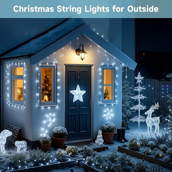 SANJICHA 2-Pack Each 72FT 200 LED Solar String Lights Outdoor, Waterproof Solar Christmas Fairy Lights Silver Wire 8 Lighting Modes Solar Twinkle Lights for Tree Garden Party Xmas Decor (Cool White)