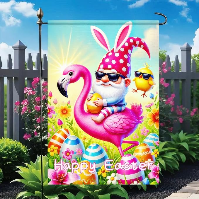 Happy Easter Garden Flag 12x18 Inch Double Sided Gnome Flamingo Bunny with Easter Egg Design Small Outdoor Yard Flag Spring Easter Welcome Banner for Porch Lawn Patio Garden Decor