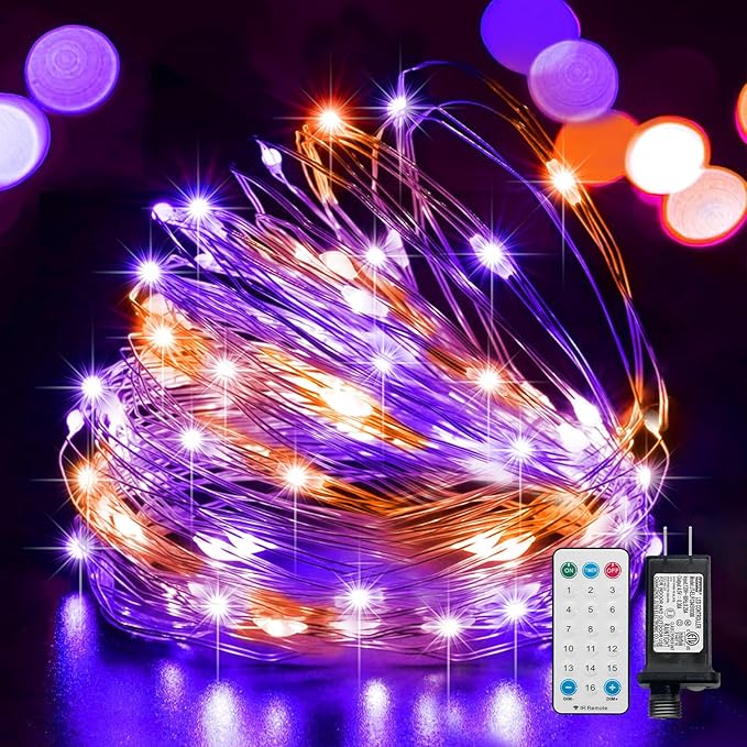 LAMPHOME Halloween Fairy Lights Plug in, 33Ft 100 LEDs Waterproof Twinkle Firefly Lights, Adaptor Included, Starry String Lights for Wedding Indoor Outdoor Christmas Patio Garden, Orange and Purple