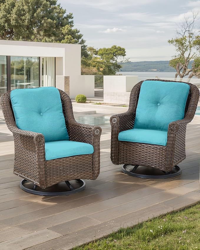 Patio Chairs Outdoor Swivel Glider - Set of 2 High Back Outside Brown Wicker Rattan Rocking Chair with Thick Cushion for Porch Apartment Deck Yard Poolside Garden - Turquoise