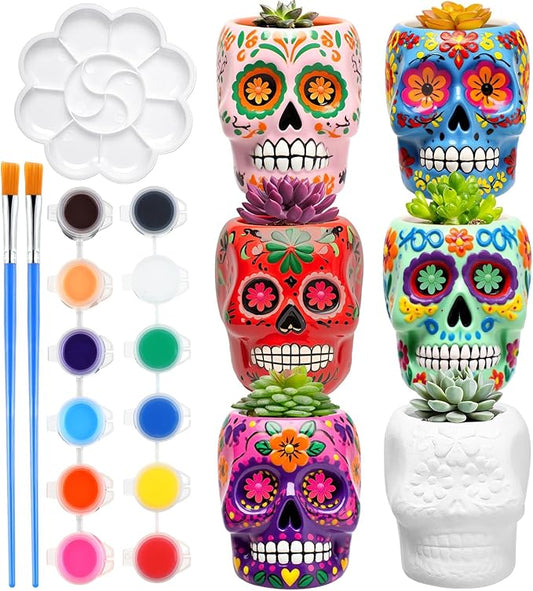 Pasimy 6 Set Ceramics to Paint DIY Ceramic Succulent Planter Pots Paint Your Own Flower Pots Craft Kit Unpainted Bisque Flowerpot with Brush Palette for Family Activity Holiday Gifts(Skull)