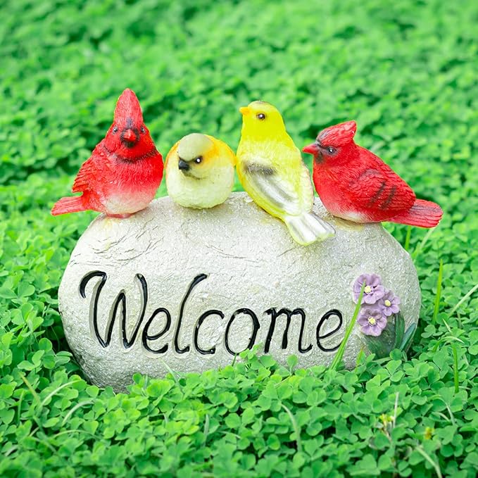 Ovewios Solar Garden Statues Outdoor Decor, Welcome Sign Garden Sculptures Statue Novelty Birds Figurine Decoration for Patio Yard Porch Art Home Decor