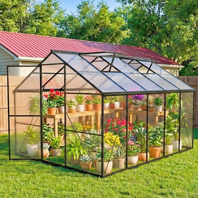 8X10 FT Greenhouse for Outdoors, Polycarbonate Walk-in Green House for Outside, Reinforced Aluminum Frame Greenhouses, Heavy Duty Garden, Patio, Backyard Flower Planting