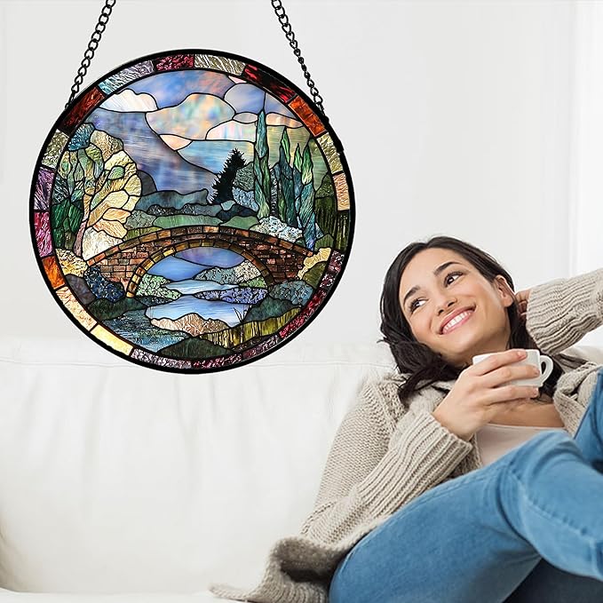AMDERVEN Stained Glass Window Hanging, Blue Landscape Arch Bridge Sun Catcher for Door Home Decor Suncatcher Christmas Mother's Day Birthday Gifts for Women Men Mom and Nana 6.3 in