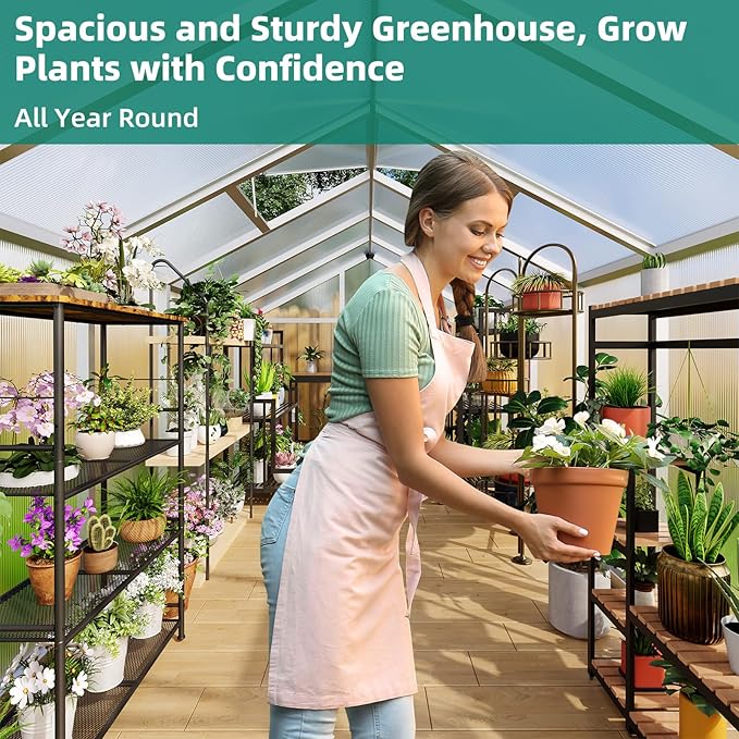 8x12 FT Greenhouse - Large Aluminum Greenhouses for Outdoors, Heavy Duty Polycarbonate Greenhouse with Roof Vent&Ground Nails, Walk-in Green Houses for Garden, Backyard, Patio, Easy Assembly
