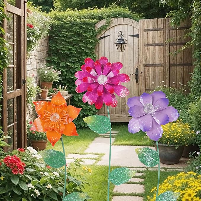 Floral Garden Stake Glow in Dark Plant Pick Water Proof Metal Flower Stick for Outdoor Garden Decor, Set of 3