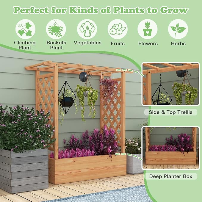 HAPPYGRILL Raised Garden Bed with Trellis, 2 Pack Freestanding Wood Planter Box w/Hanging Roof & 4 Drainage Holes for Vine Climbing Plants Flowers, Outdoor Planter with Trellis for Garden Patio Yard