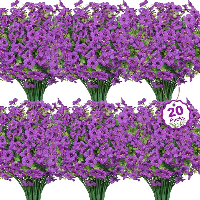 Besteek 20 Bundles Artificial Flowers for Outdoors Decoration Fake Silk Flowers UV Resistant Faux Plants Artificial Daisy Eucalyptus for Spring Summer Garden Yard Porch Window Home Decor, Purple