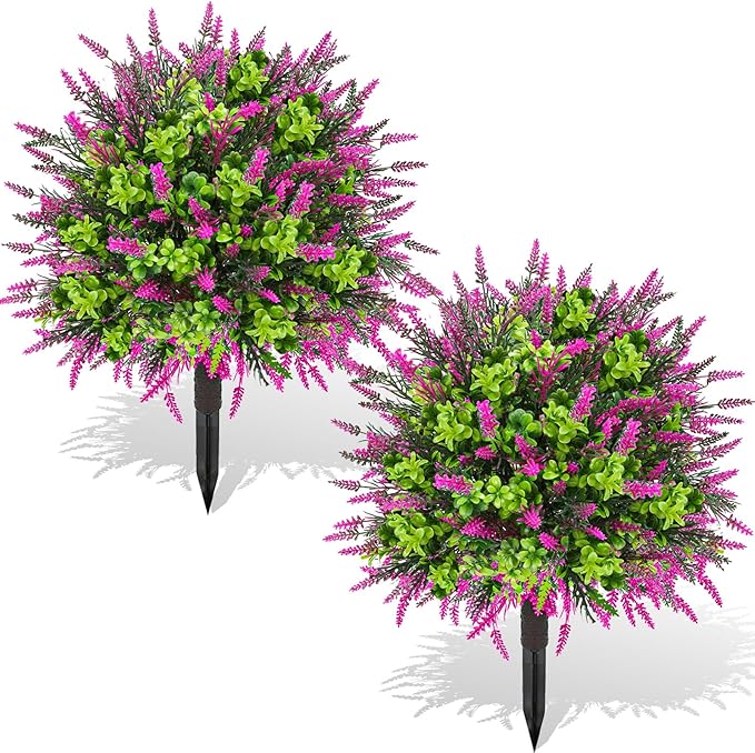 ENVEN Artificial Topiary Lavender Ball Tree Outdoor Plants with Ground Spike 22"- UV Resistant Faux Shrubs, Eucalyptus Fake Plants for Indoor & Garden, Yard, Porch, Patio Decor (Pink Green)