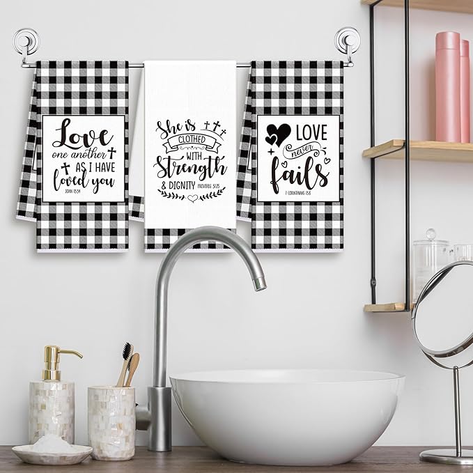 Hahafelt 8 Pc Religious Christian Kitchen Dish Towel Black and White Check Cleaning Dishcloth Towels Bathroom Home for Christian Gift for Men Women Housewarming