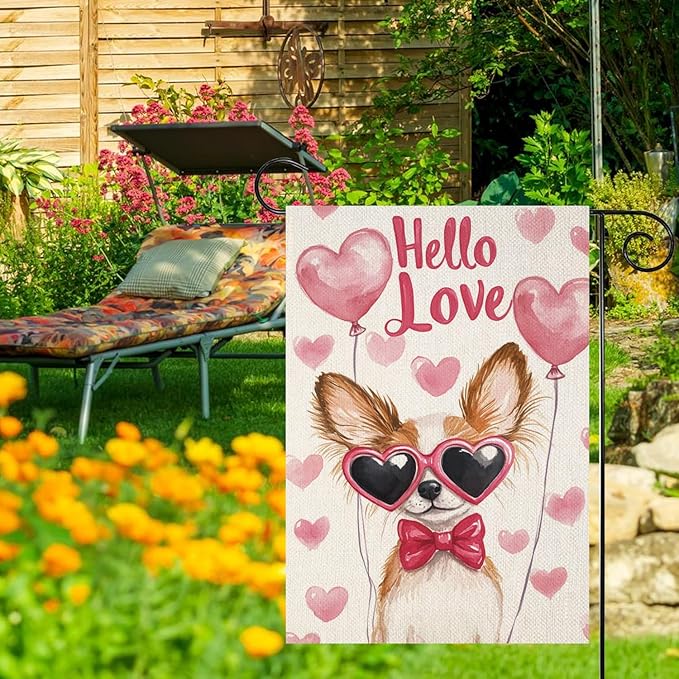 Valentine's Day Papillon Hello Love Garden Flag, House Yard Plaid Love Heart Outside Decoration, Spring Holiday Wedding Anniversary Outdoor Small Decor 12x18(12632)